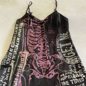 Y2k grunge handmade black graphic skeleton slip dress
